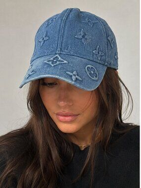 Monogram Embossed Denim Baseball Cap Blue Adjustable Designer Style Hat